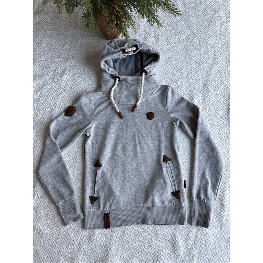 NAKETANO Hoodie Women's Small Pullover Pockets Logo Melange Grey